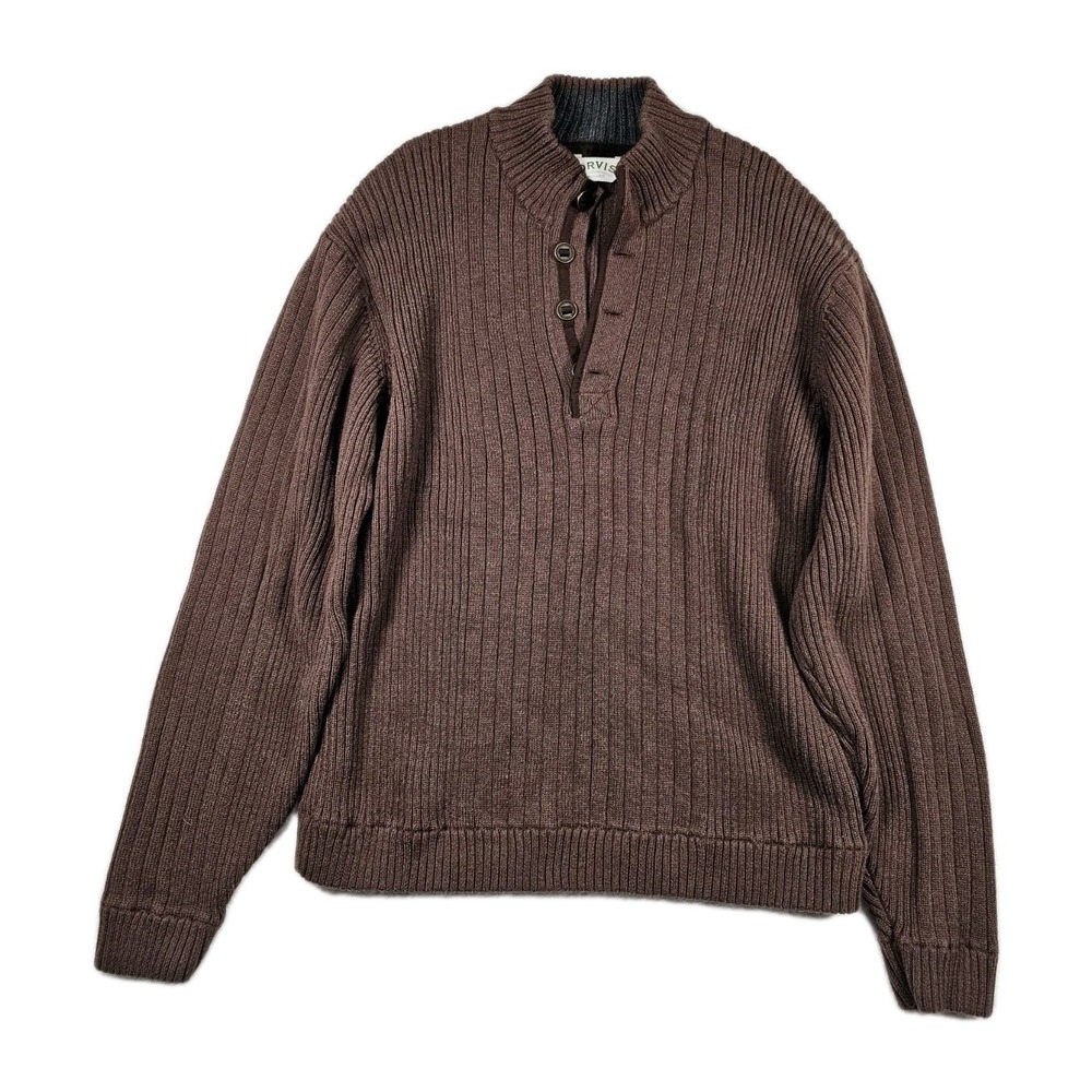 Orvis Rib Knit Sweater Mens XL Brown Button‎ Mock Neck Pullover Cotton Casual